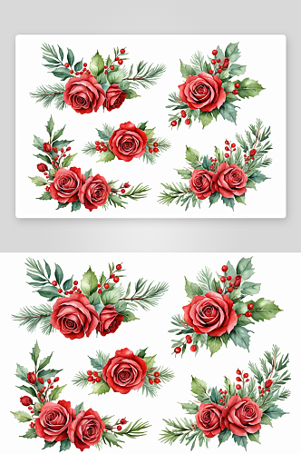 水彩圣诞冬季花束红玫瑰卡片图片