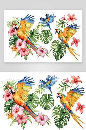水彩热带花卉装饰金刚鹦鹉鸟图片