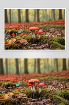 秋天森林里红菇特写图片