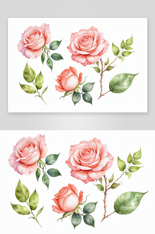 水彩画花朵元素珊瑚粉玫瑰玫瑰叶子图片