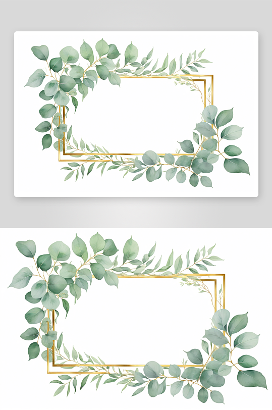 水彩画淡绿色桉树枝叶金色画框插图图片