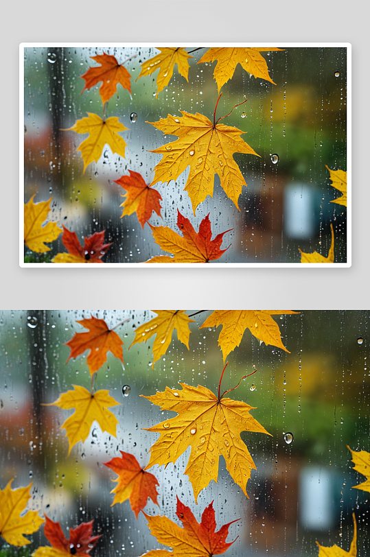 秋天窗外玻璃被雨滴覆盖图片