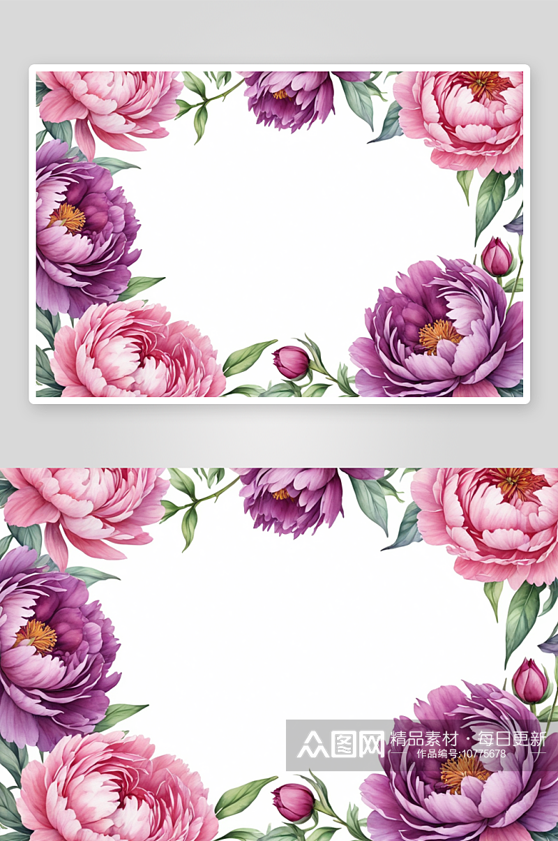 水彩画插图圆框粉红色紫色牡丹花孤立图片素材