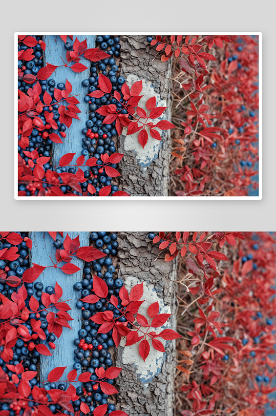 秋天背景蓝色浆果红色叶子图片