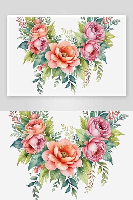 水彩花花卉浪漫花环框架插图图片