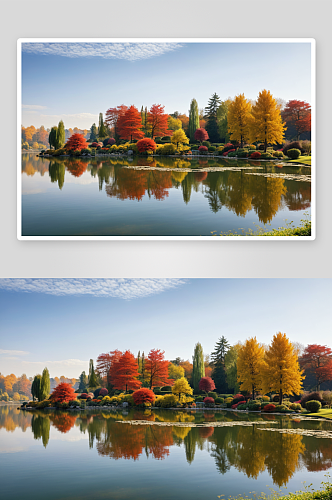 秋日阳光下美丽湖泊有传统园林图片