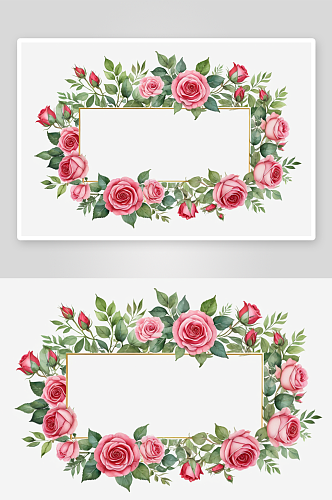 水彩粉色红色玫瑰花叶子框架插图图片