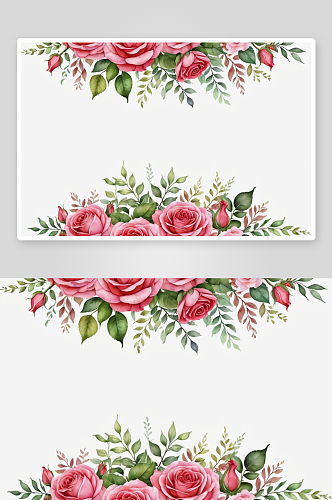 水彩粉色红色玫瑰花叶子边界插图图片