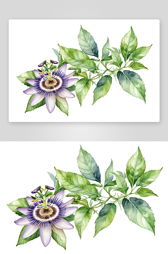 水彩插图紫色西番莲花白色孤立背景图片