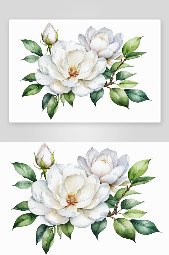 水彩白花植物成分玫瑰玉兰花蕾绿色植物图片