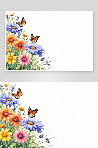 木板草甸五彩缤纷花朵蝴蝶水彩插图孤立图片