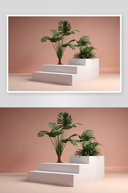 模型讲台显示树叶热带植物背景渲染图片