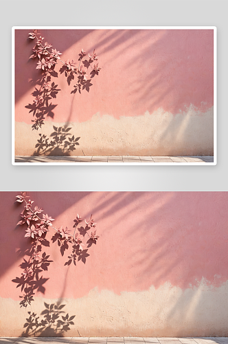 树叶花朵影子奶油粉色混凝土墙纹理背景图片
