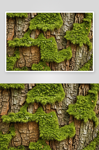 树皮纹理布满了绿色苔藓图片