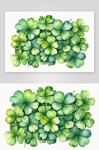手绘水彩植物叶子群三叶草素材元素插画图片