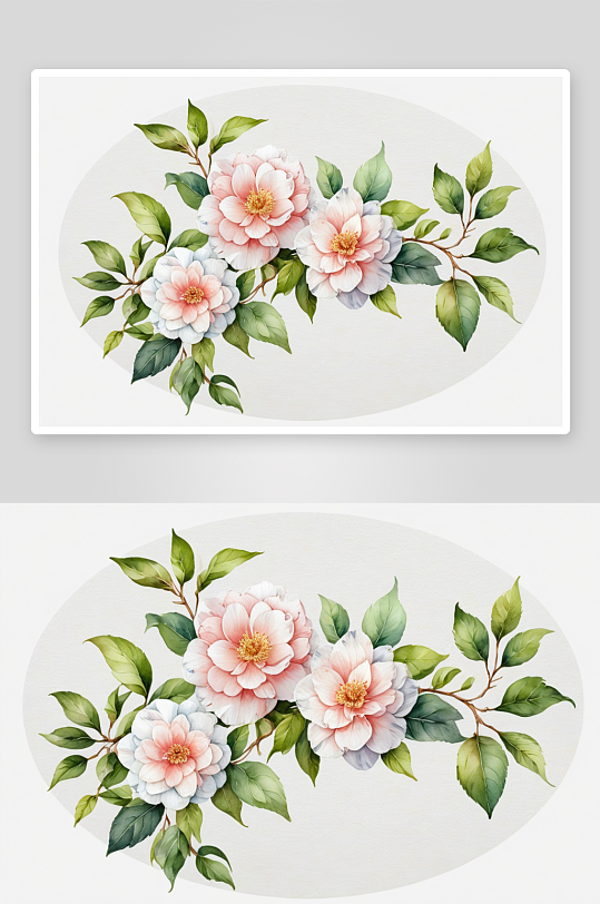 手绘水彩圆形茶花花卉元素素材插画图片