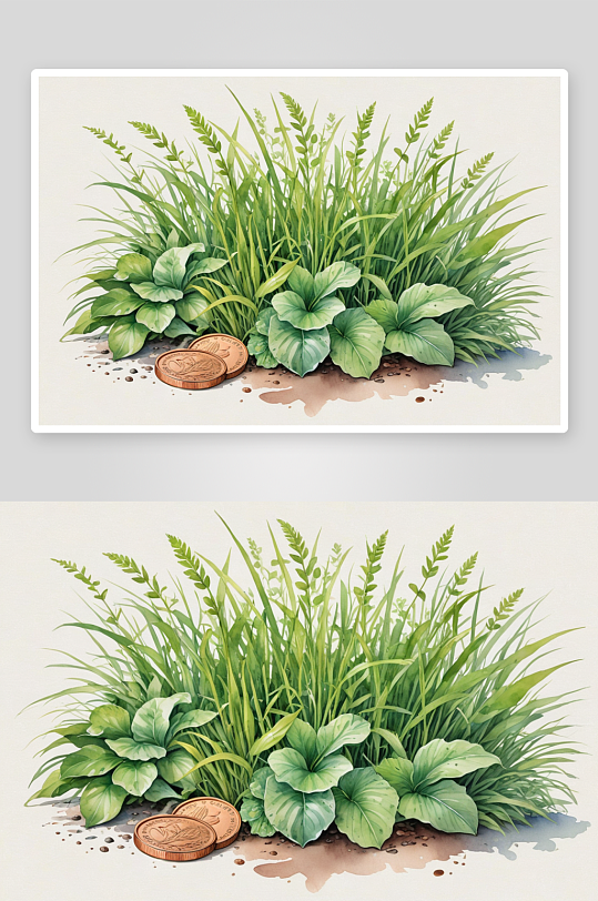 手绘水彩绿叶铜钱草植物插画图片