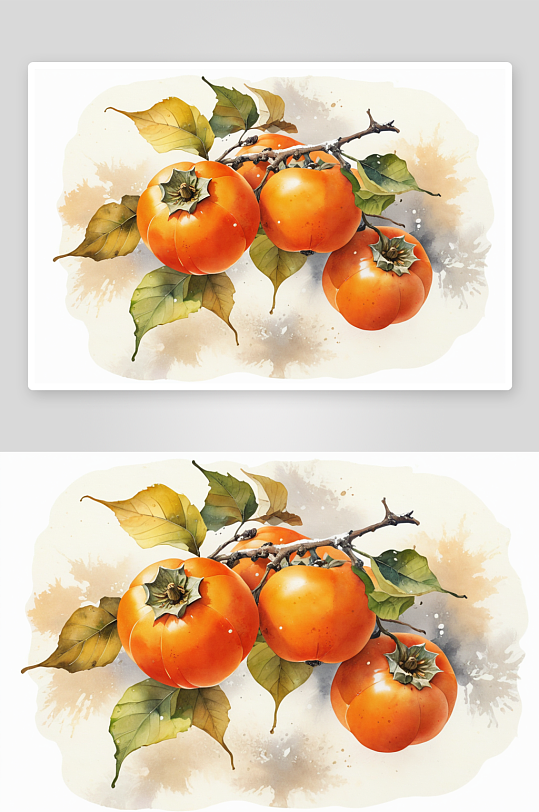 手绘水彩节气柿子霜降素材插画图片