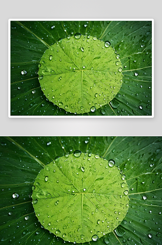 美丽透明雨水滴绿色叶子表面一个阳光圈图片