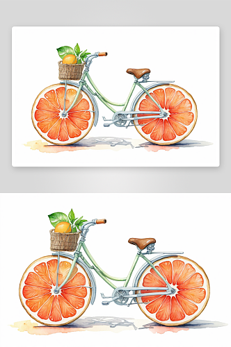 手绘水彩钢笔淡彩水果西柚自行车插画图片