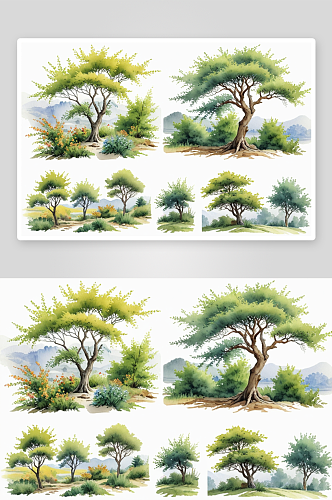 收集水彩手绘灌木树木图片