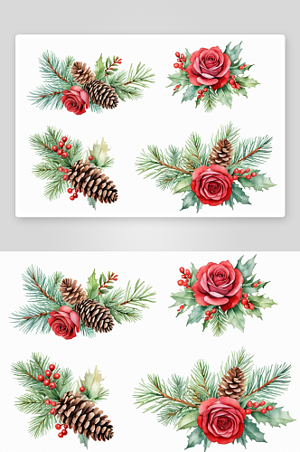 收集水彩圣诞节冬季作文红玫瑰松果设计图片