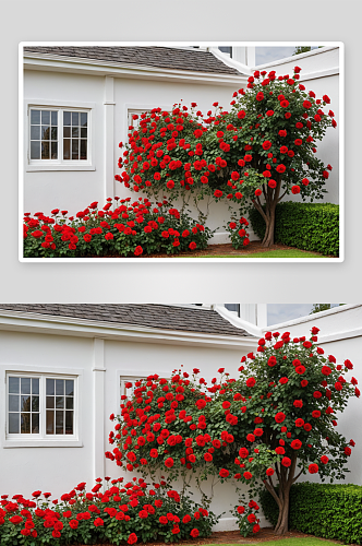 美丽景色华丽红玫瑰丛白色房子墙背景图片