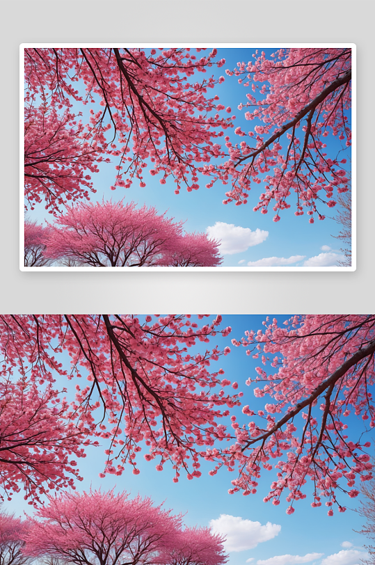 美丽景色春天盛开粉红色树木蓝天背景图片