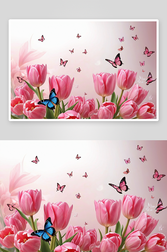 美丽精致花卉组成粉红色郁金香飞舞蝴蝶图片