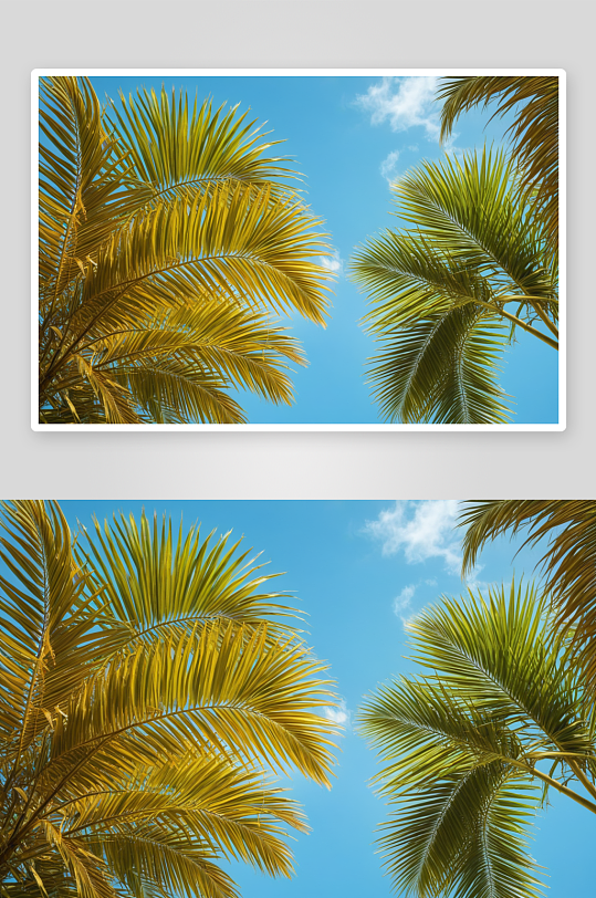 棕榈叶映衬着蓝天夏季抽象热带背景图片