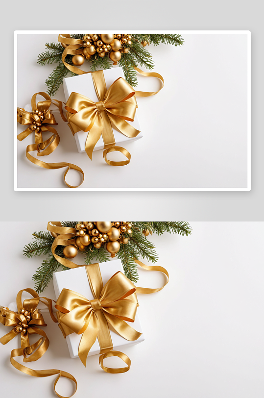 优雅圣诞礼物金色丝带金色装饰白色背景图片