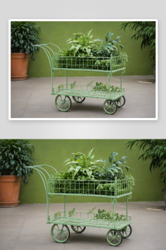 用植物作花园装饰元素浅绿色手推车图片