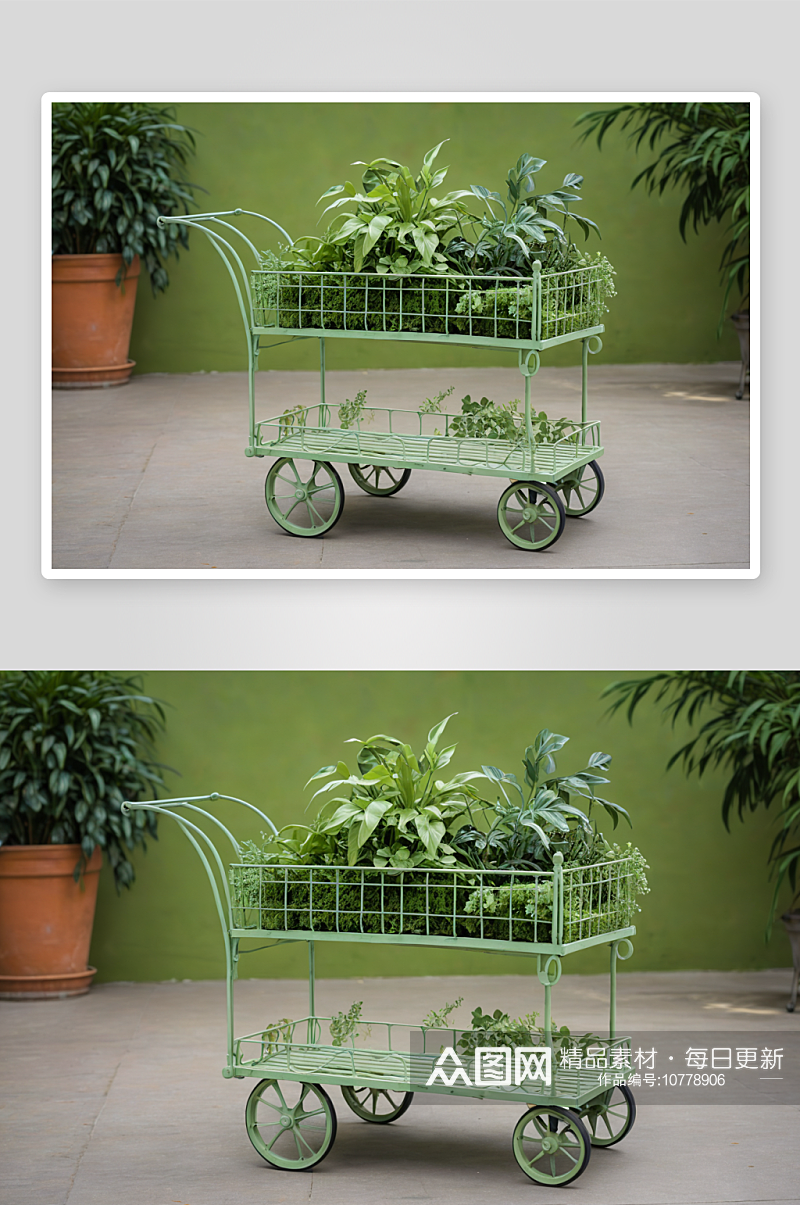 用植物作花园装饰元素浅绿色手推车图片素材