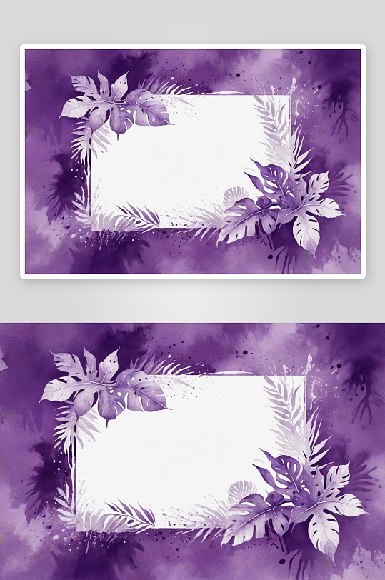 紫色背景水彩飞溅白色热带叶子图片