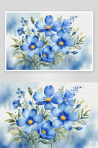 装饰蓝色花朵水彩插图水彩颜料质地图片