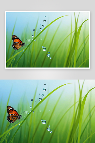 一只美丽蝴蝶一滴滴清澈水草叶图片
