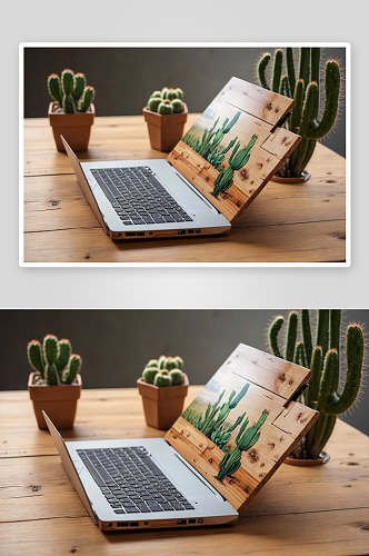 一张仙人掌背景木桌电脑笔记本特写图片