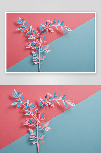 纸装饰元素植物枝六角形粉蓝色底色图片