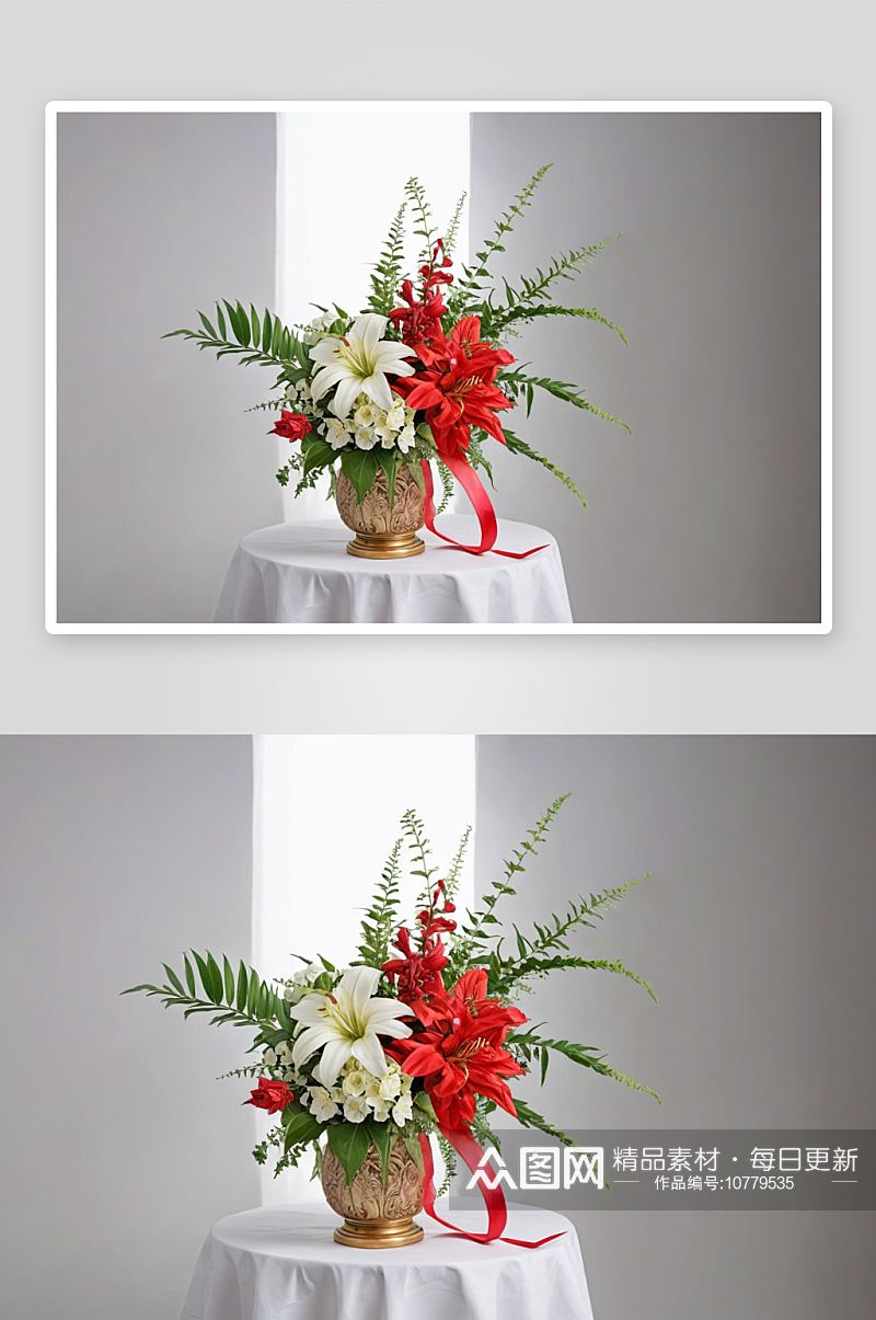 植物旁边白色背景节日花束装饰丝带图片素材