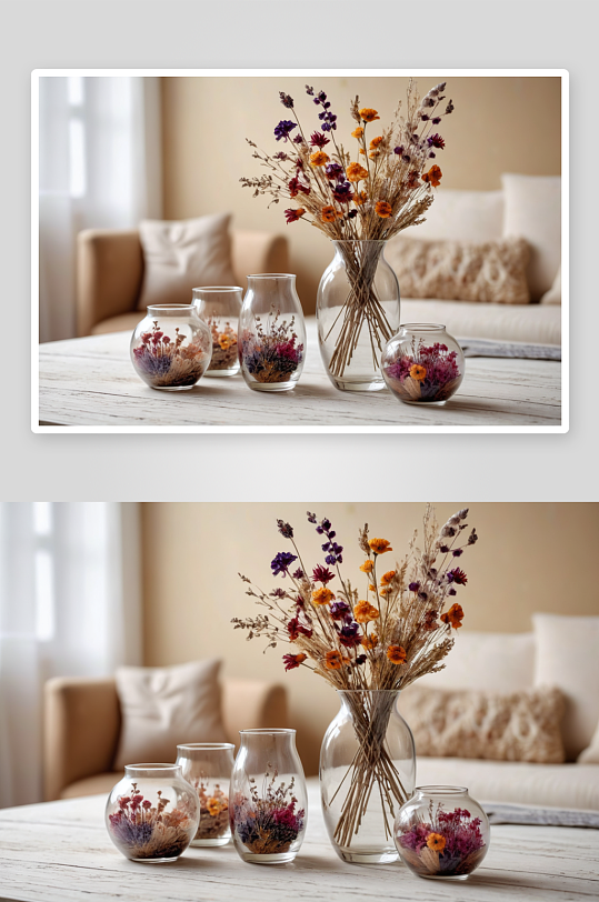 一个玻璃花瓶家庭构图模糊背景放着干花图片