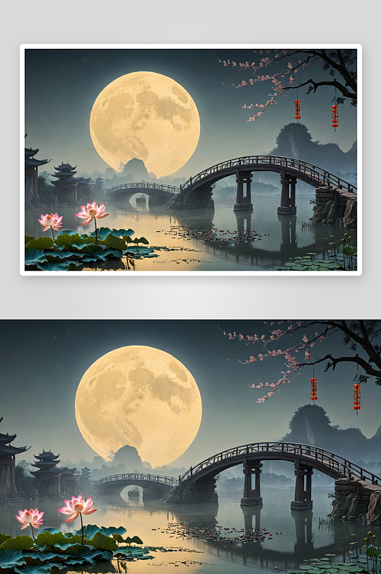 月光下莲花古色古香中式桥梁图片
