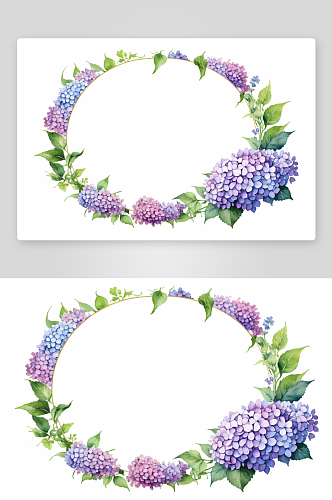 圆框绣球花紫色花画水彩卡图片