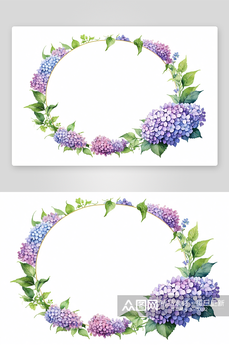 圆框绣球花紫色花画水彩卡图片素材