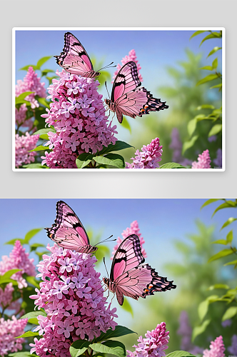 五彩缤纷春天粉红紫色丁香花盛开蝴蝶图片