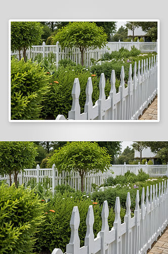 住宅花园边白色复古木栅栏图片