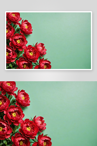 绿色背景红色牡丹牡丹花架俯视图空间图片