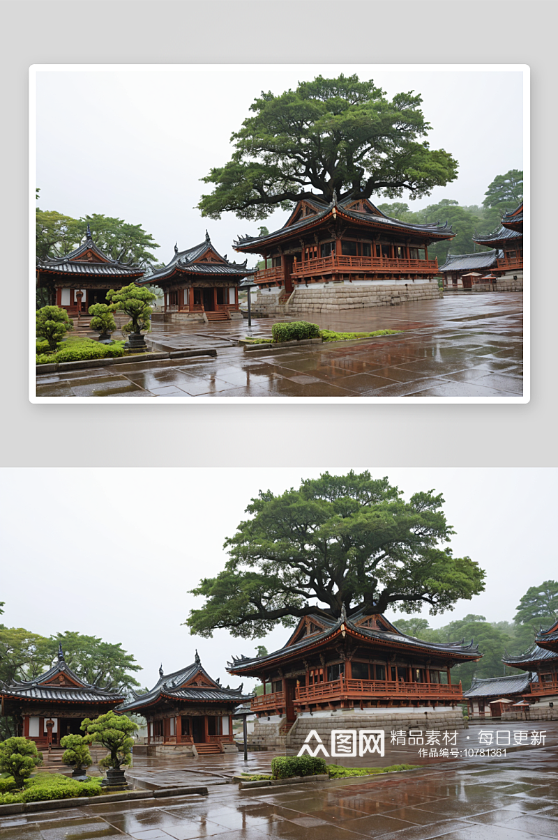 雨后传统佛教寺庙建筑图片素材