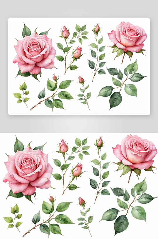 水彩粉红玫瑰绿叶插图图片