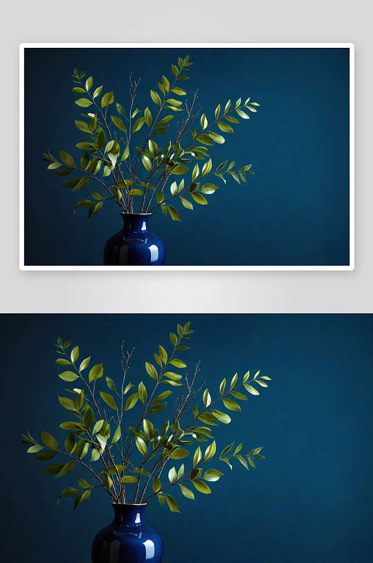 深蓝色背景现代花瓶中带有绿色叶子树枝图片