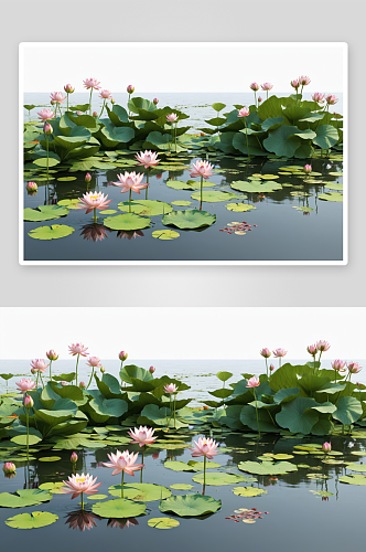 三维渲染池塘莲花白色背景图片